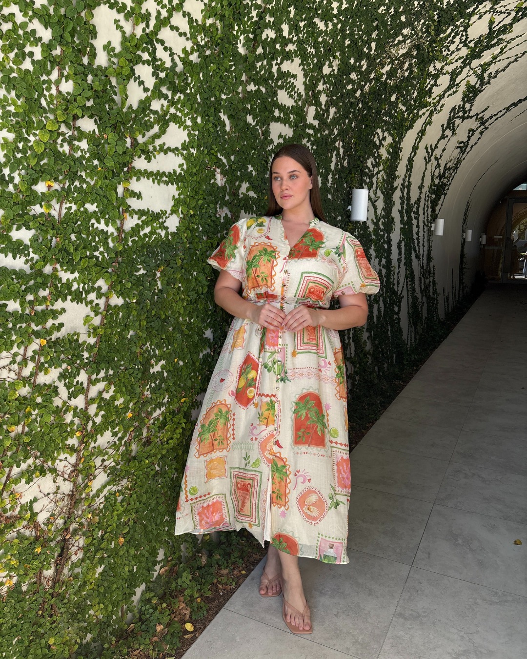 Button-down midi dress with puff sleeves